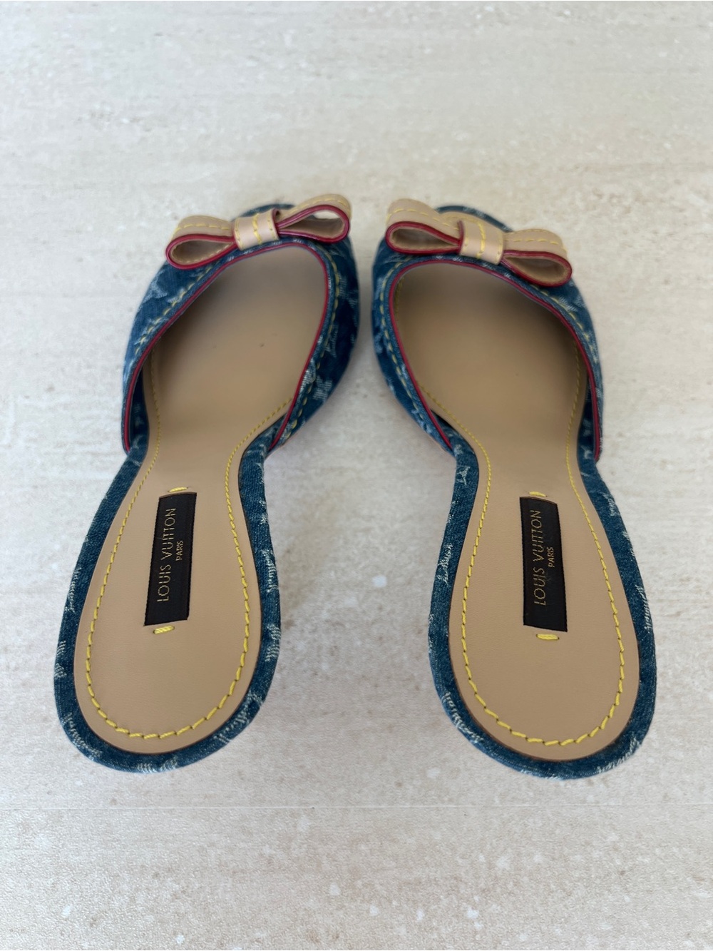 Louis Vuitton Denim Monogram Slide Mules with Beige Bow - Picture 8 of 8